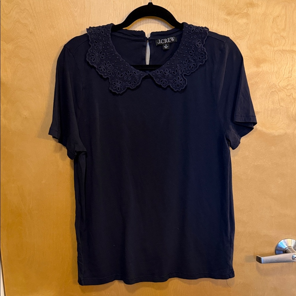 J. Crew Navy Short Sleeve Top with Lace Eyelet Collar Medium